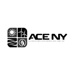 Logo of ACE NY, Alliance for Clean Energy New York, featuring icons of a sun, wind turbines, water waves, and a leaf, representing renewable energy sources.