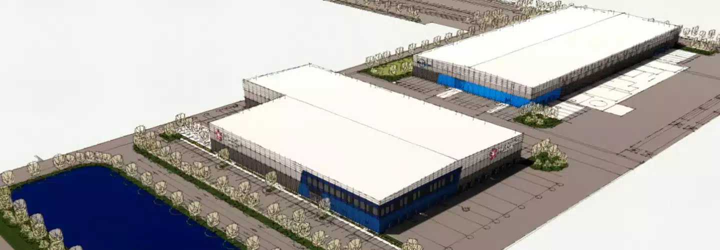 Architectural rendering of two large modern warehouse buildings with blue accents, surrounded by parking lots, landscaped areas with trees, and a pond in the lower left corner.
