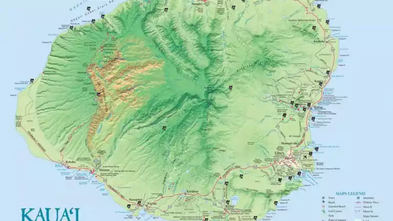 Topographic map of Kauai, Hawaii, showing towns, highways, parks, beaches, golf courses, and natural landmarks with a legend for symbols. The island’s terrain, roads, and key attractions are clearly marked, with the coastline and major features labeled.