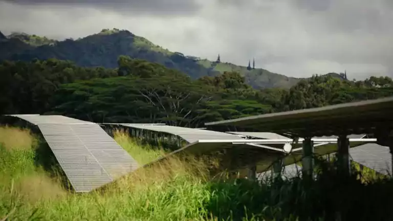 Rows of solar panels installed in a grassy field with lush green trees and mountains in the background under a cloudy sky.