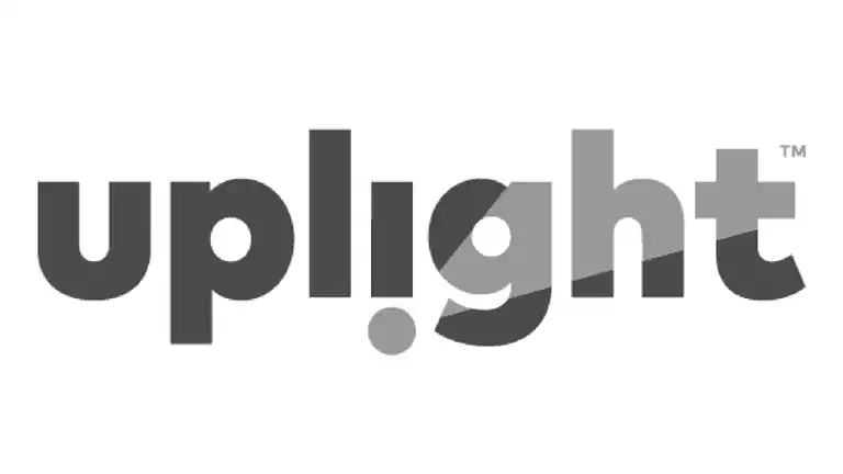 Uplight logo in bold lowercase letters with a stylized design, featuring a dot under the letter 'i' and a diagonal split effect across the word, in grayscale on a white background.