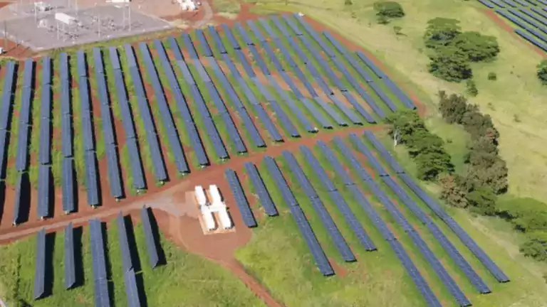 Aerial view of a large solar farm with multiple rows of solar panels installed on green fields, surrounded by trees and dirt roads, with a substation visible in the upper left corner.