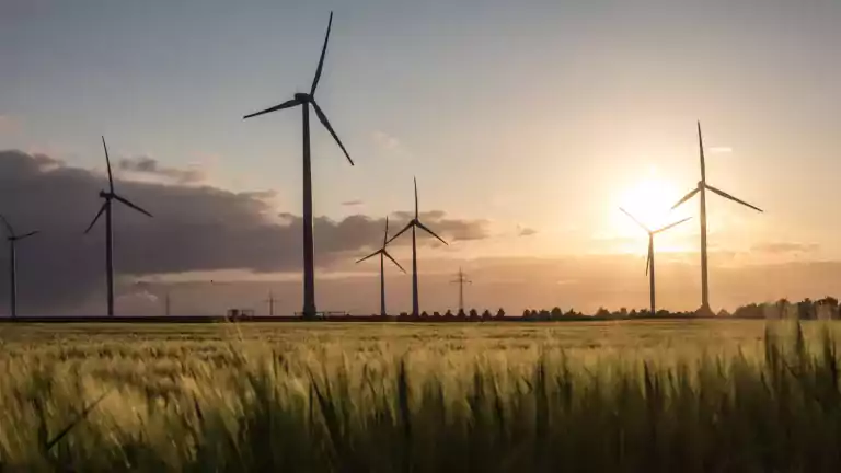 Wind turbines stand in a green field under a partly cloudy sky at sunset, with the sun shining brightly and casting long shadows across the landscape.