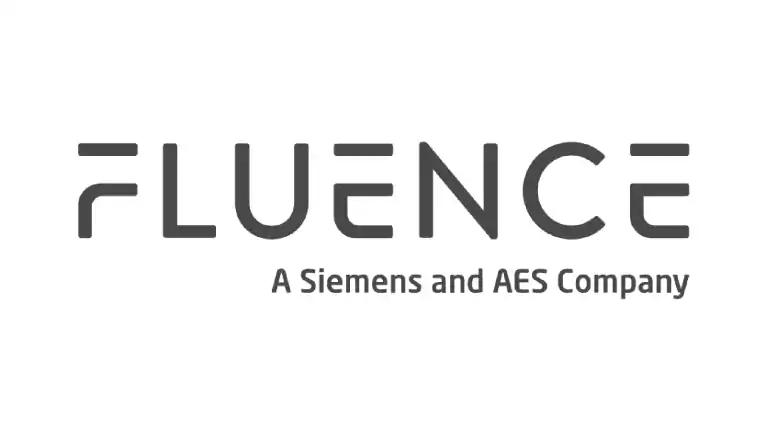 Fluence logo in gray with stylized letters, accompanied by the tagline 'A Siemens and AES Company' underneath on a white background.