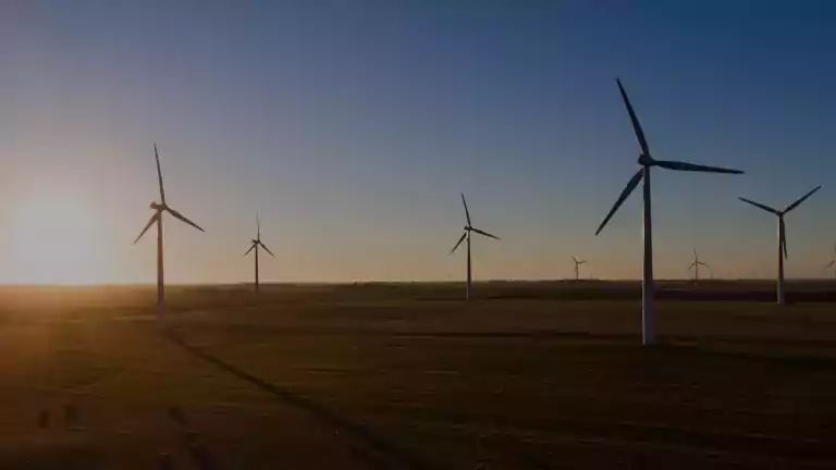 Wind turbines on a green field during sunset, generating renewable energy with a clear sky in the background.