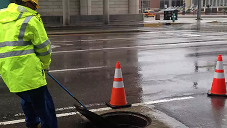 A worker in a bright yellow reflective jacket and helmet lifts a manhole cover on a wet city street, with orange traffic cones placed around the open manhole for safety.