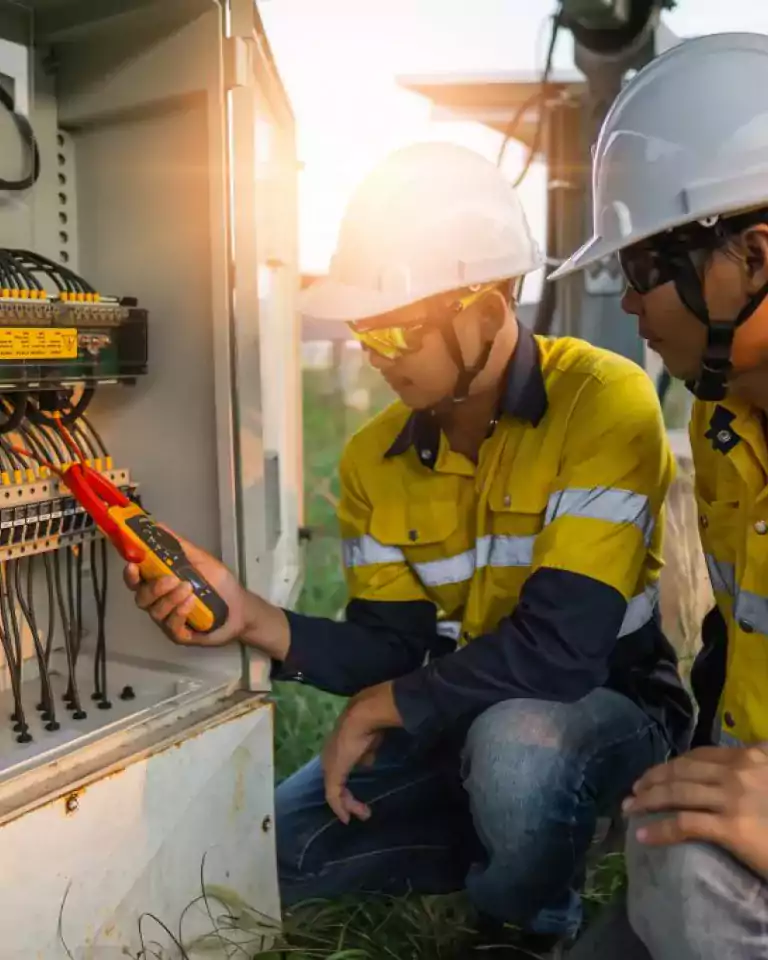 Two electrical engineers wearing safety helmets and yellow uniforms inspect and test solar panel wiring in an outdoor electrical control box using a digital multimeter.