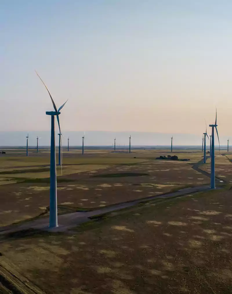 A wide view of a wind farm with multiple wind turbines spread across flat, open fields under a clear sky, generating renewable energy.
