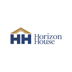 Horizon House logo featuring two large blue H letters beneath a stylized brown roof with sun rays, and the words 'Horizon House' in blue text to the right.