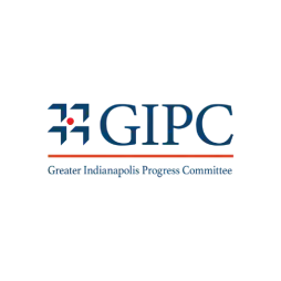 Logo of the Greater Indianapolis Progress Committee featuring a geometric blue design with a red dot, the acronym GIPC in large blue letters, and the full name written below a red line.