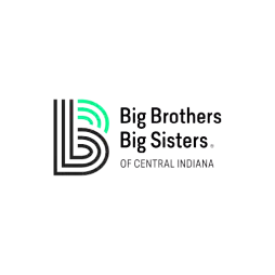 Logo of Big Brothers Big Sisters of Central Indiana featuring a stylized 'B' in black and green lines, with the organization's name displayed to the right on a white background.