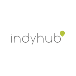 IndyHub logo with gray lowercase letters and a green teardrop shape above the letter 'u' on a white background.