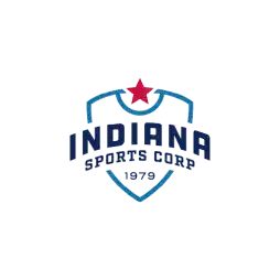 Logo featuring a blue shield outline with a red star at the top center. Inside the shield, the text reads 'Indiana Sports Corp' in bold blue letters, with '1979' written below.