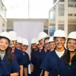 A group of women wearing safety helmets, goggles, and navy blue lab coats stand in two rows inside a laboratory or industrial facility, smiling at the camera.