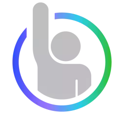 Gray abstract person icon with one raised arm inside a circular gradient border transitioning from blue to green.